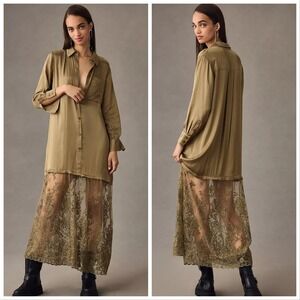 Anthropologie | Olive Green Maxi Shirt Dress with Lace Skirt